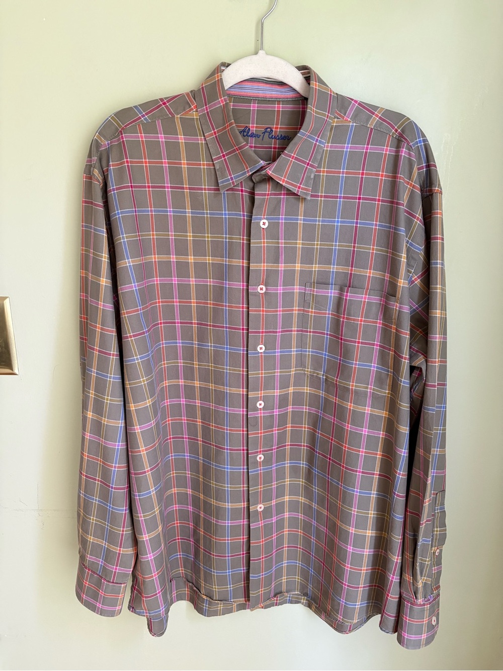 Alain Flusser XL plaid button down shirt. Lt brown/multicolor window pane. Nice!